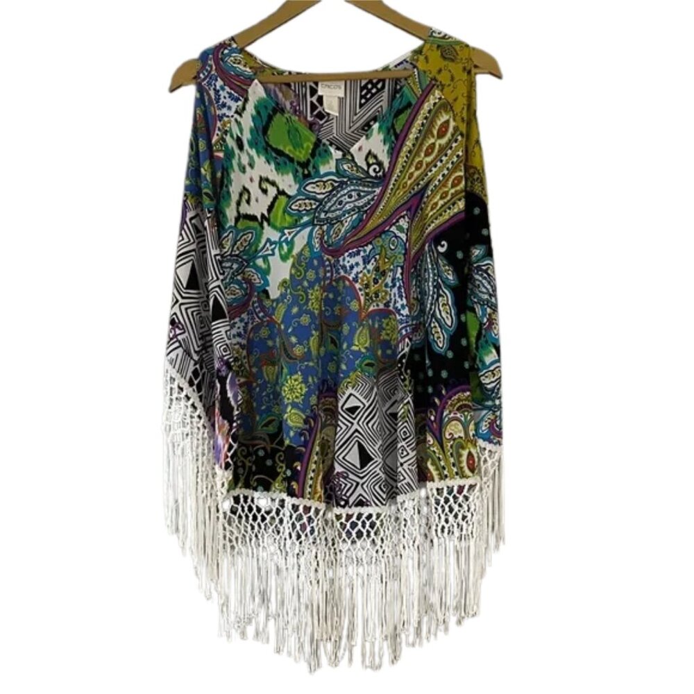Chico’s Multicolor Paisley Fringe Tunic Cold Shoulder Boho Statement Summer Top